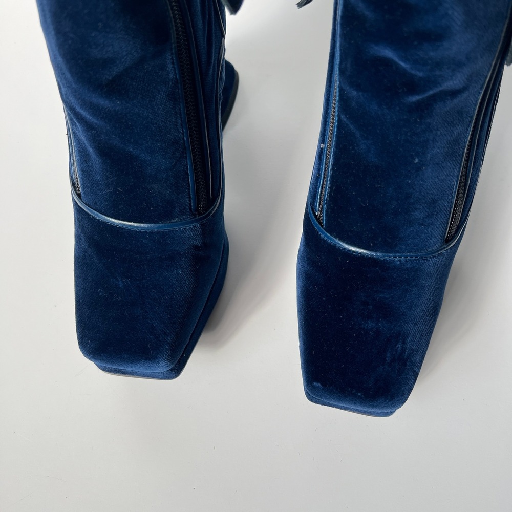 John Fluevog Ramona Munster Boots Size 9 Navy Blue Velvet Platform Flared Heel - Picture 6 of 10